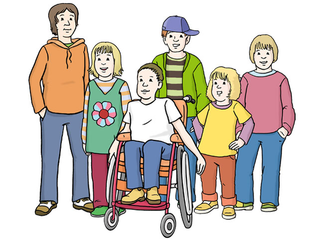 Zeichnung: einige Kinder und Jugendliche. Ein Junge sitzt im Rollstuhl.