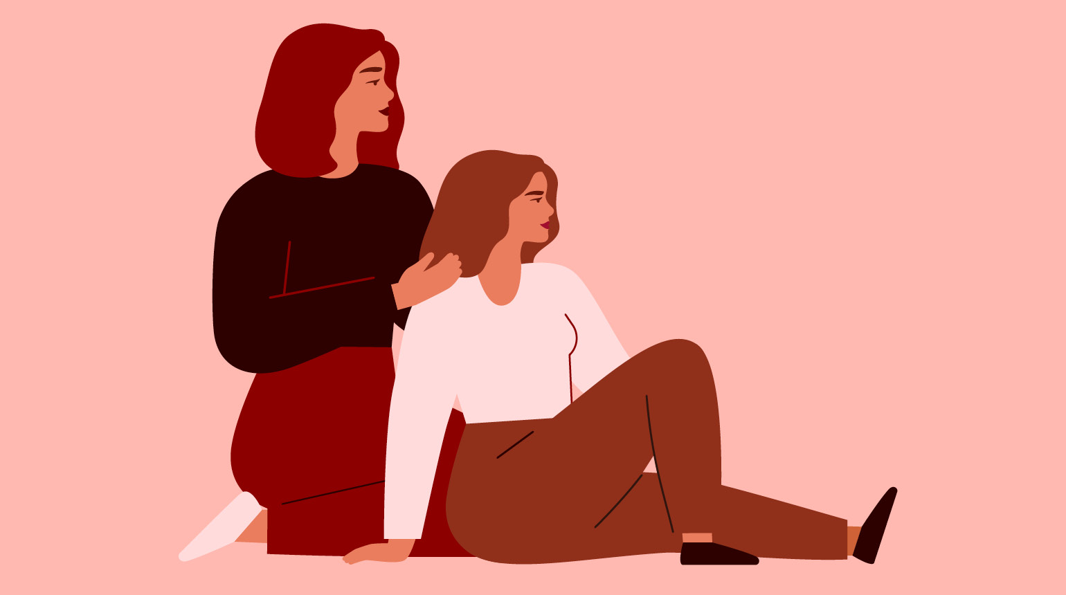 Illustration: Zwei Frauen sitzen eng beieinander auf dem Boden.