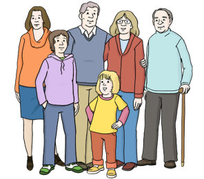Zeichnung: eine Gruppe von jungen und älteren Menschen.