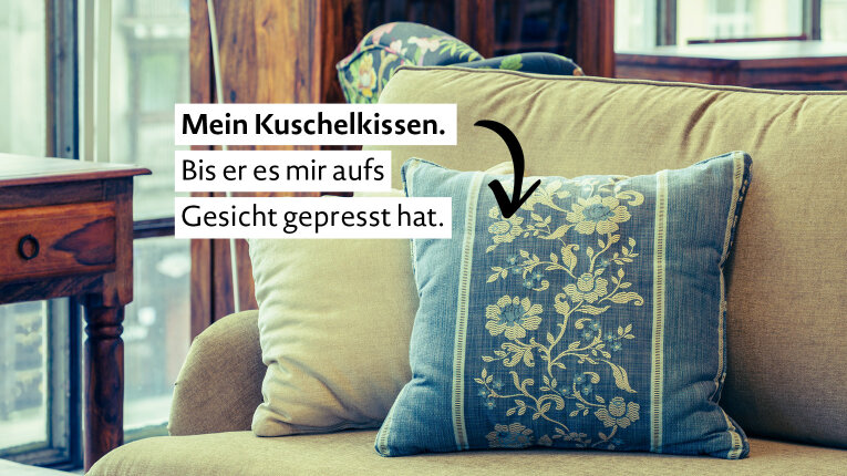 Foto: ein Kissen auf einem Sofa. Text: „Mein Kuschelkissen. Bis er es mir aufs Gesicht gepresst hat.”