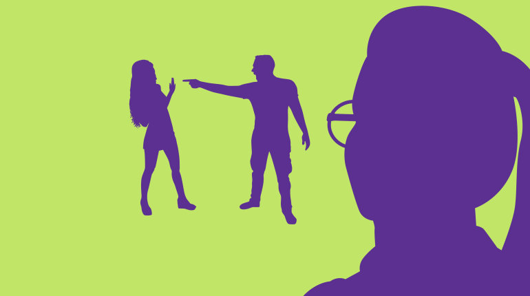 Illustration: Eine Frau beobachtet, wie sich ein Paar streitet. Der Mann tritt sehr aggressiv auf.