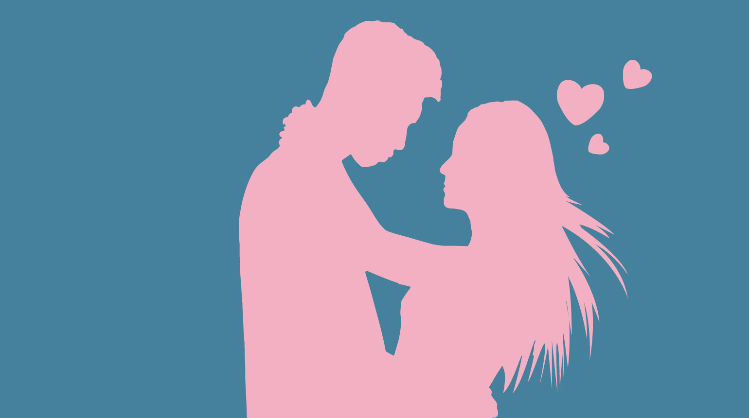 Illustration: Ein junges Paar umarmt sich. Über dem Kopf der Frau steigen Herzchen auf.