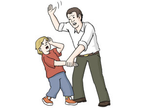 Zeichnung: Ein Mann hält ein Kind am Arm fest. Er hebt den Arm und will es schlagen.