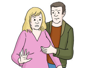 Zeichnung: Ein Mann fasst die Brust einer Frau an. Sie guckt erschrocken.