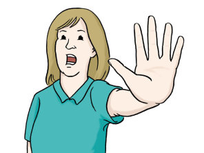 Zeichnung: Eine Frau streckt ihre Hand nach vorne aus. Die Geste bedeutet: Halt! Stopp!