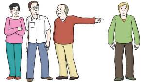 Zeichnung: Drei Leute stehen beieinander. Ein Mann steht abseits. Die drei reden schlecht über ihn. 