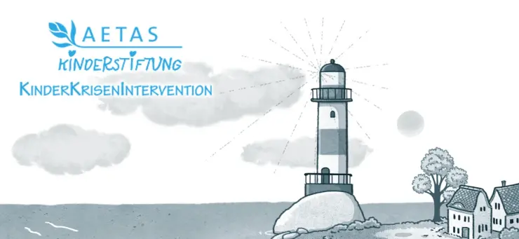 Illustration: Ein Leuchtturm steht an der Küste und blinkt übers Meer. Logo: AETAS Kinderstiftung – KinderKrisenIntervention.   