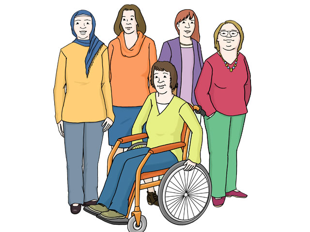 Zeichnung: mehrere, ganz unterschiedliche Frauen. Eine trägt ein Kopftuch, eine sitzt im Rollstuhl.